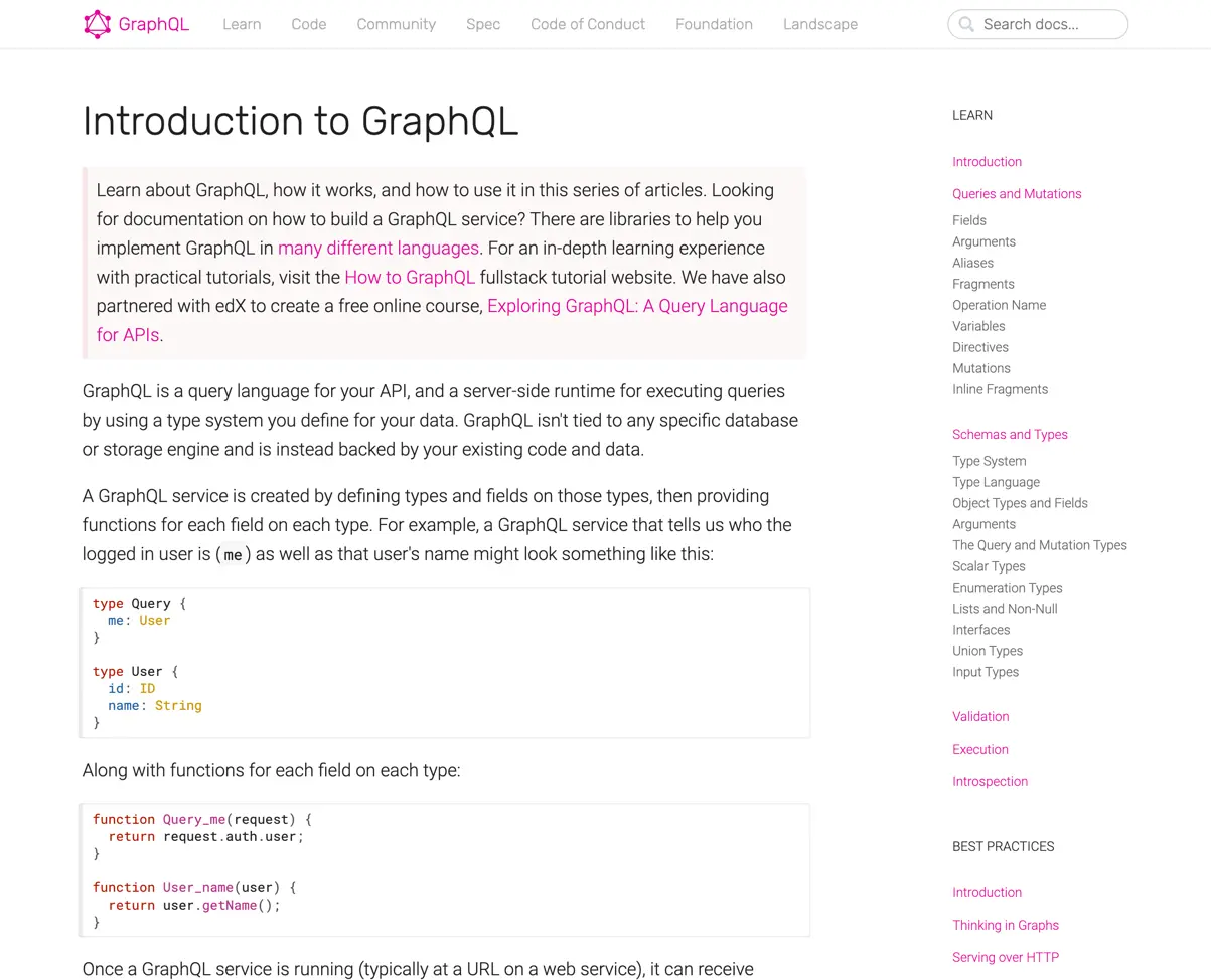 Screenshot of graphql.org v1 learn page